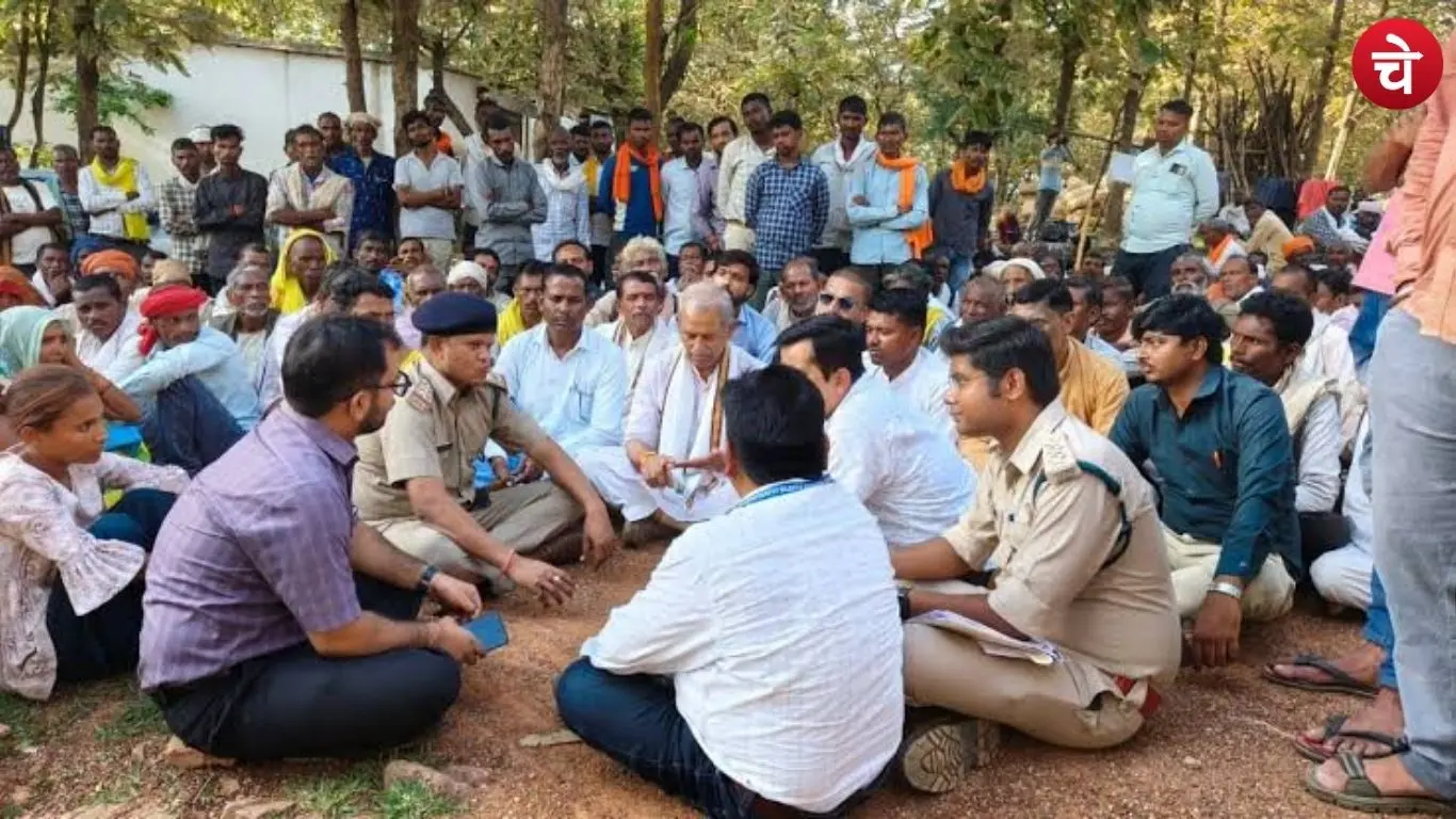Tribal villagers protesting against the Forest Department on the premises of the Manikpur tehsil office in Chitrakoot